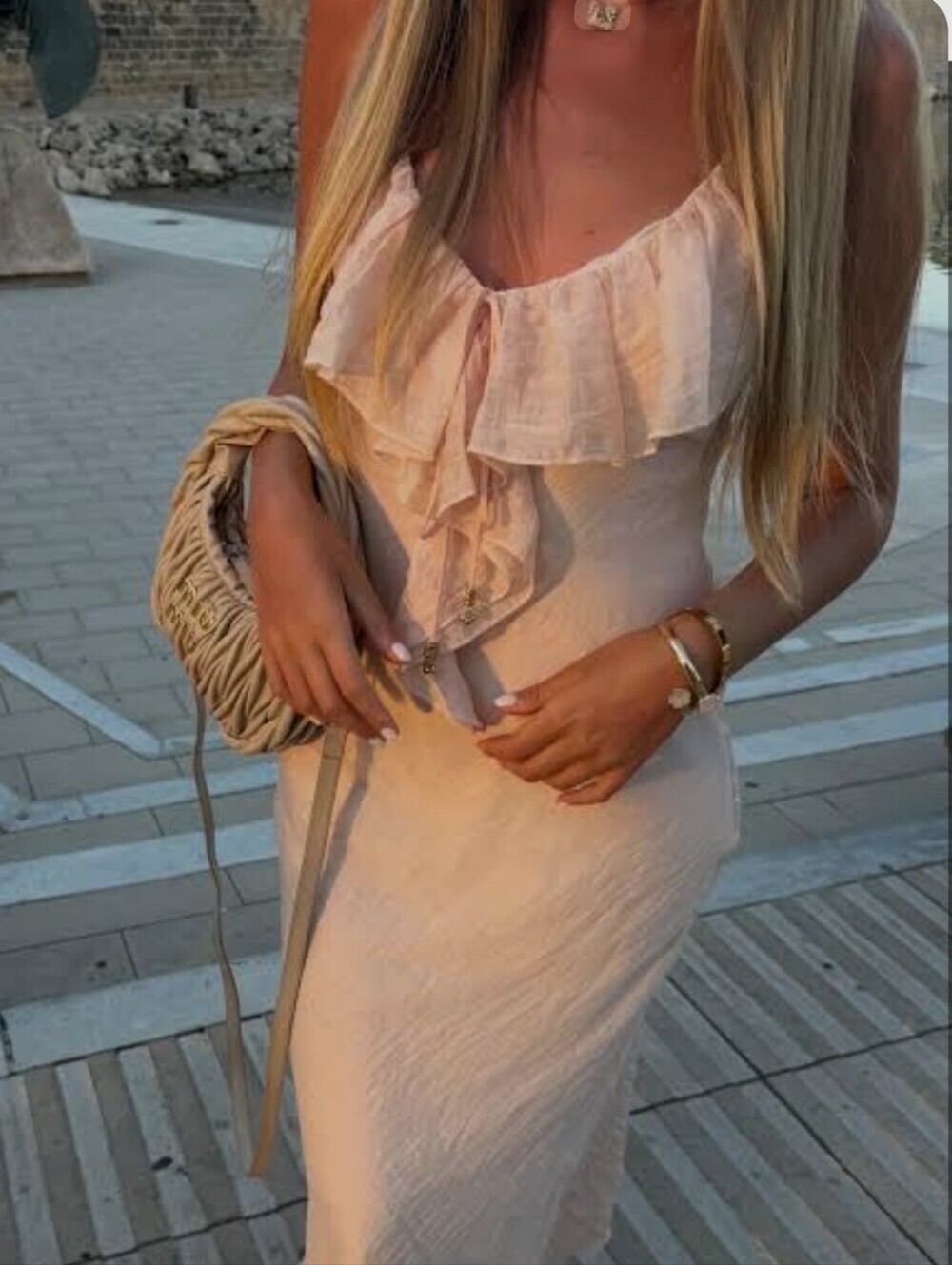 Sleeveless Ruffle Front Pink Slip Dress - Picture 5 of 8